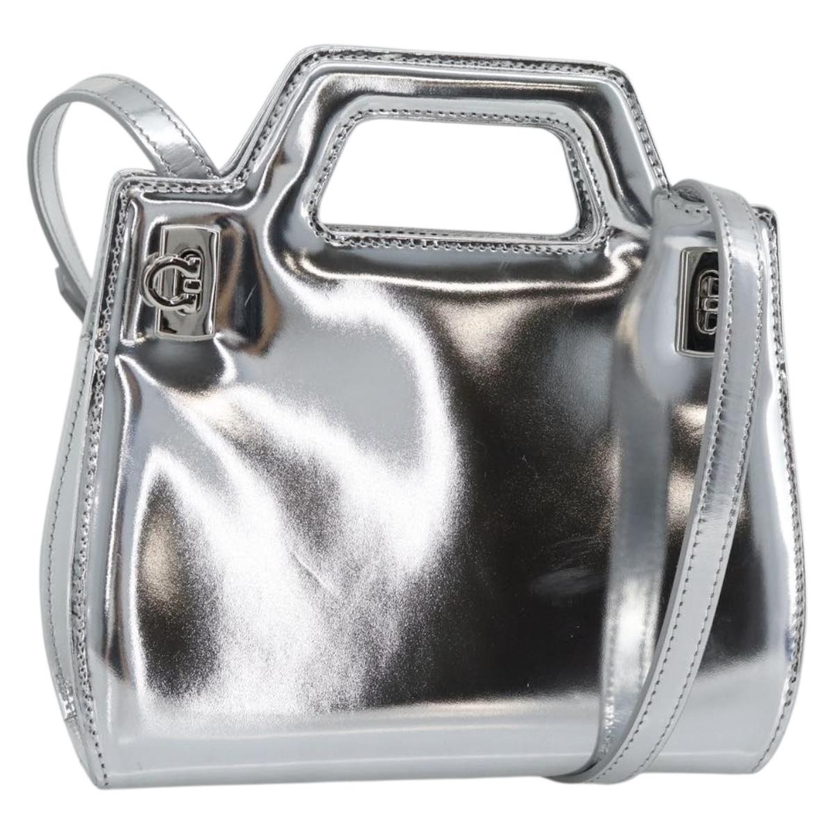 Salvatore Ferragamo Gancini Wanda Bag Patent leather 2way Silver Auth BAZ481