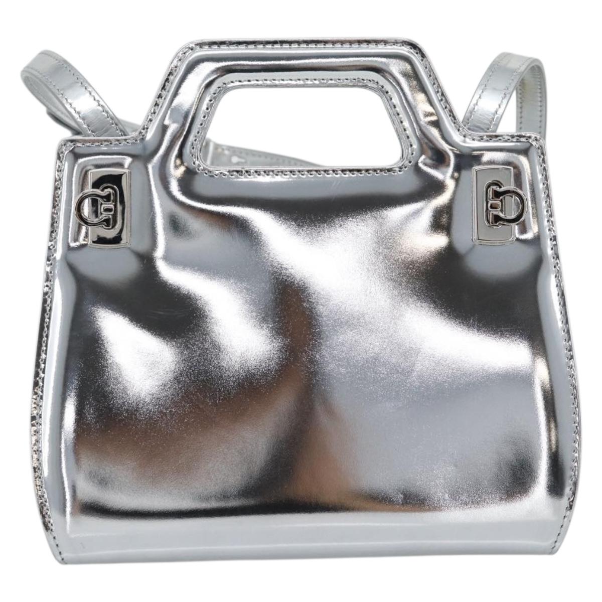 Salvatore Ferragamo Gancini Wanda Bag Patent leather 2way Silver Auth BAZ481