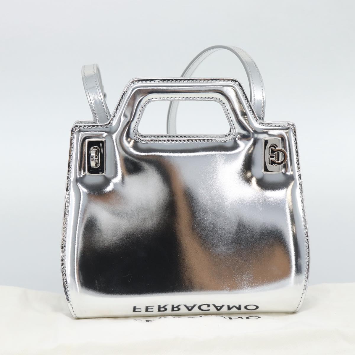 Salvatore Ferragamo Gancini Wanda Bag Patent leather 2way Silver Auth BAZ481