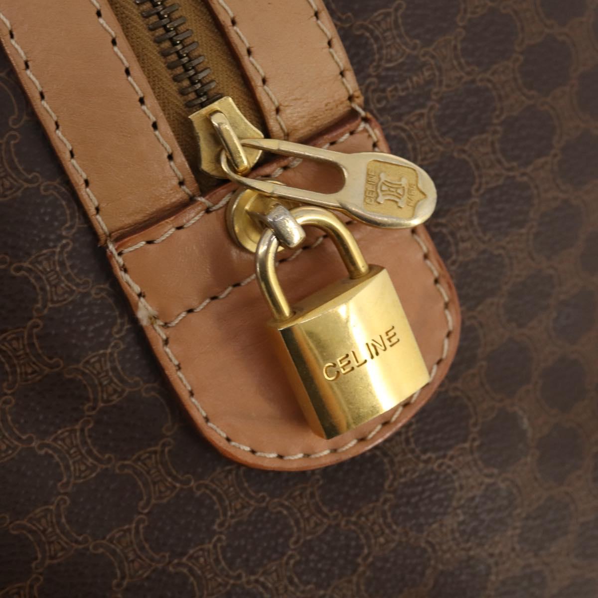 CELINE Macadam Canvas Boston Bag PVC Leather Brown Gold Auth BAZ495