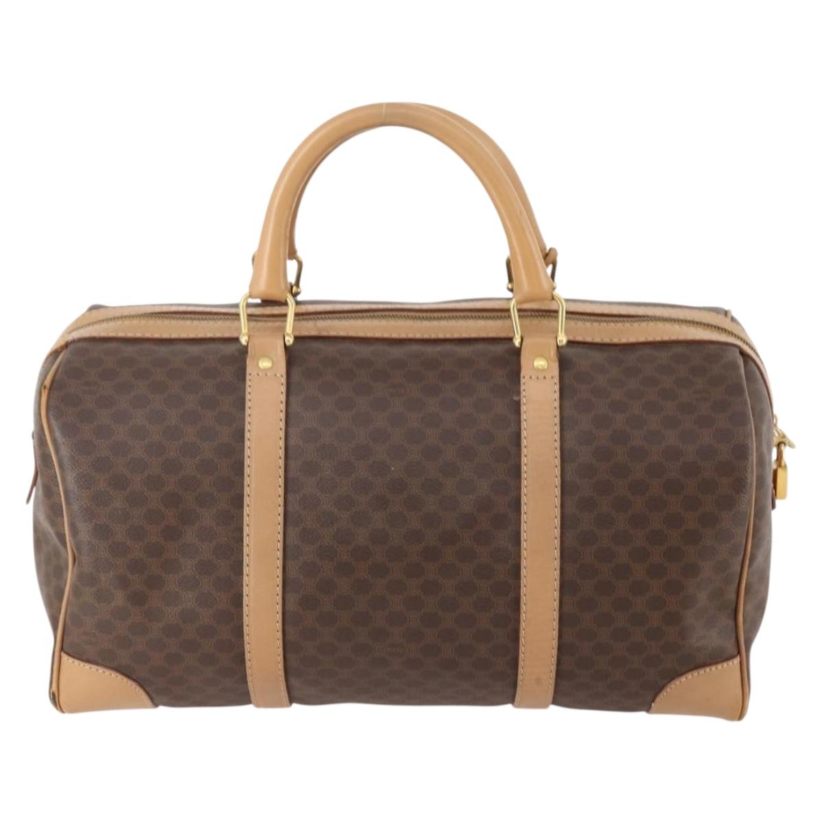 CELINE Macadam Canvas Boston Bag PVC Leather Brown Gold Auth BAZ495