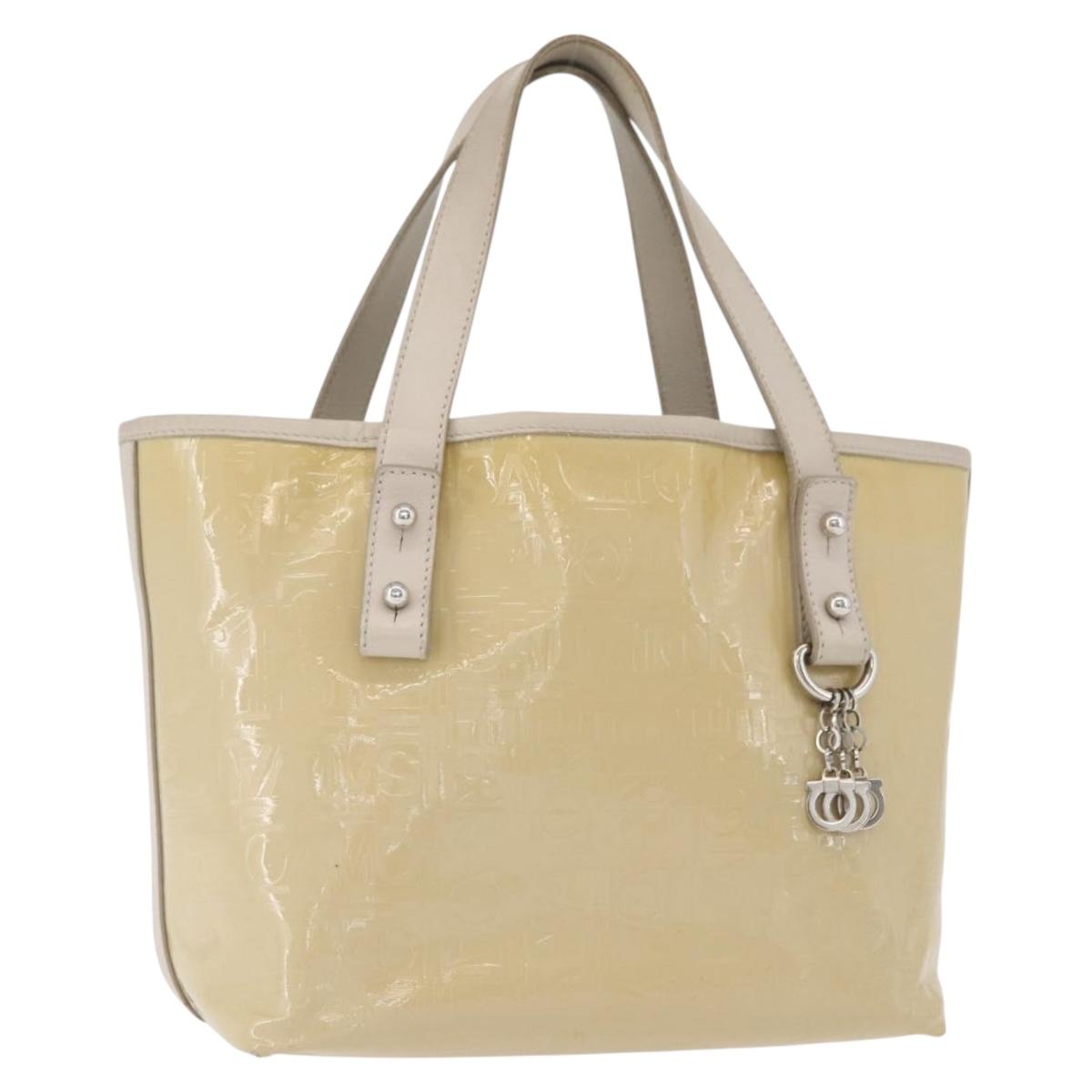 Salvatore Ferragamo Gancini Hand Bag Patent leather Beige Silver Auth BAZ498