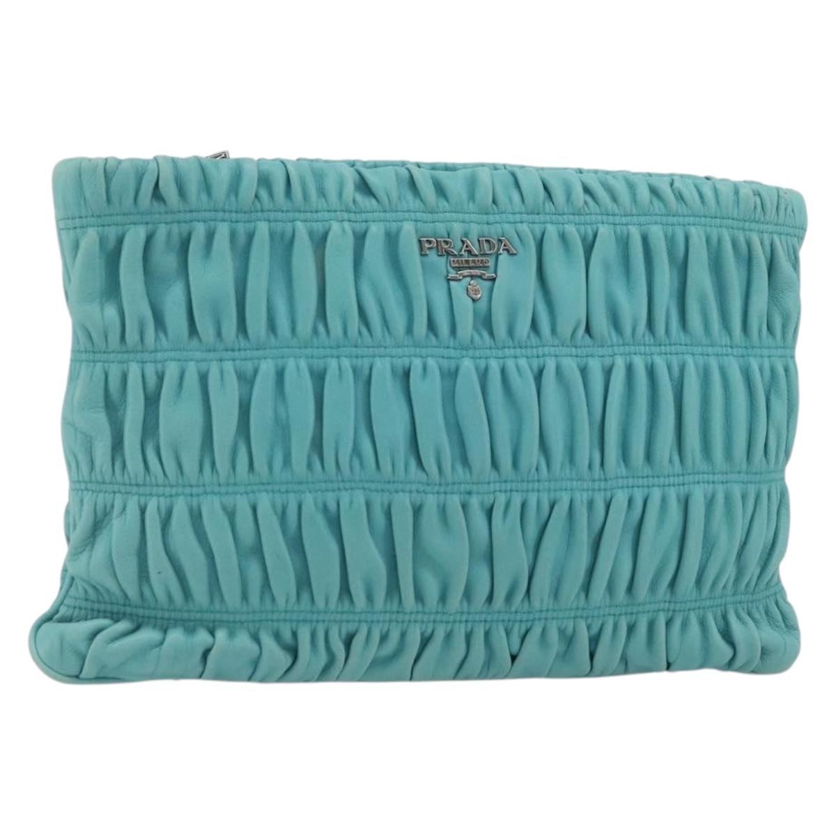 PRADA Clutch Bag Leather Light Blue Silver Auth BAZ500A