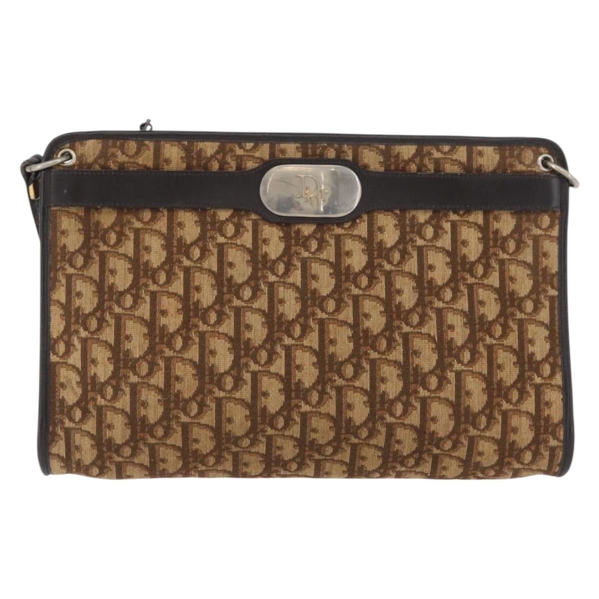Christian Dior Trotter Canvas Shoulder Bag Brown Gold Auth BAZ520