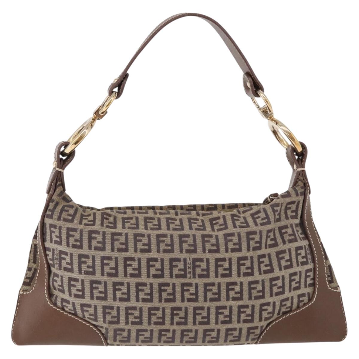 FENDI Zucchino Canvas Shoulder Bag Beige Gold Auth BAZ527