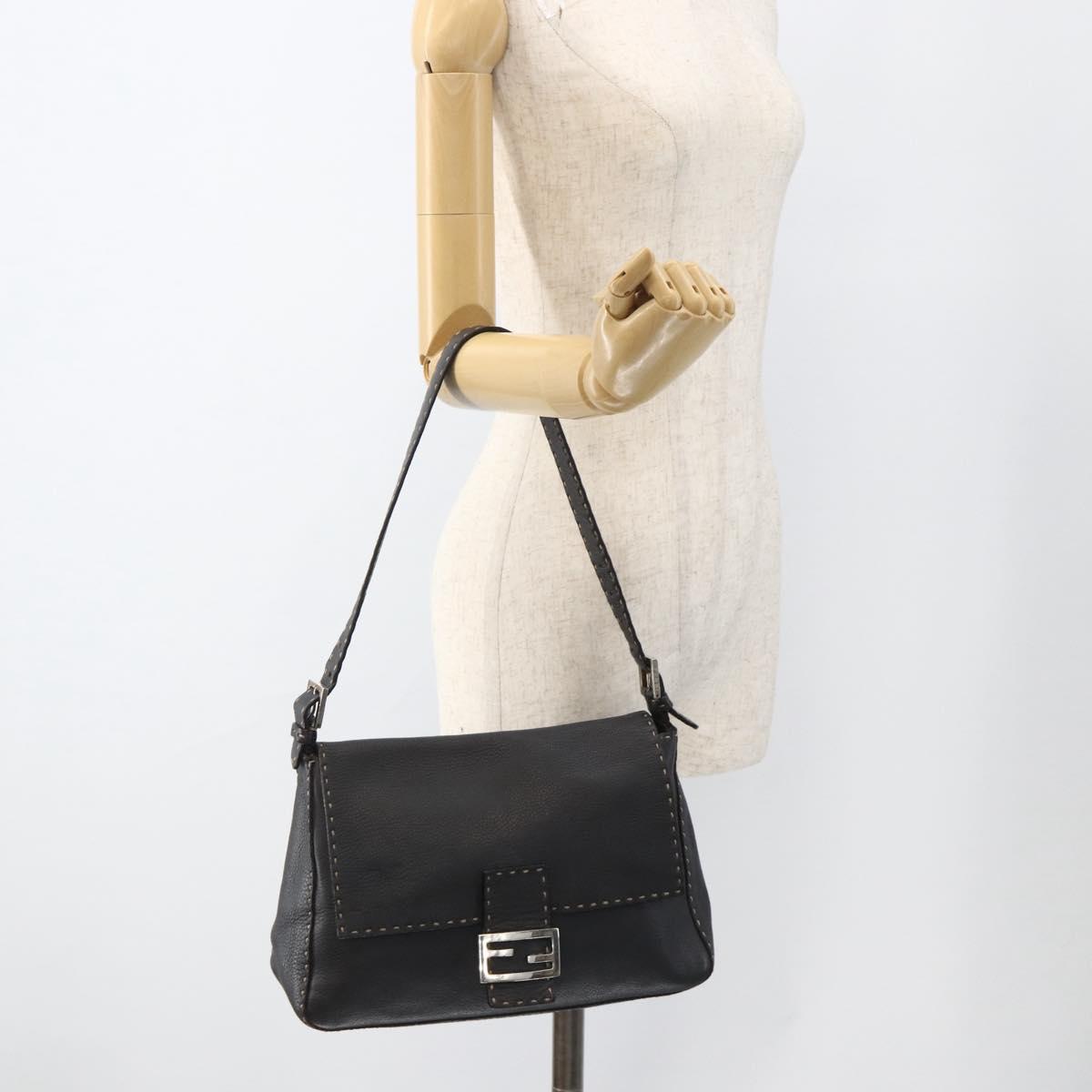 FENDI Selleria Mamma Baguette Bag Leather Silver Charcoal Gray Auth BAZ530A
