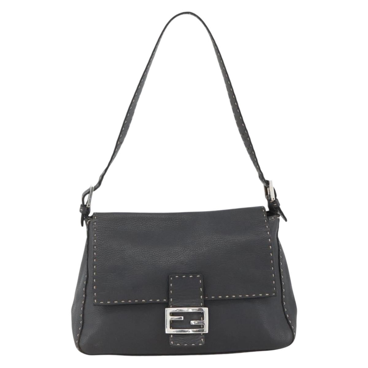 FENDI Selleria Mamma Baguette Bag Leather Silver Charcoal Gray Auth BAZ530A