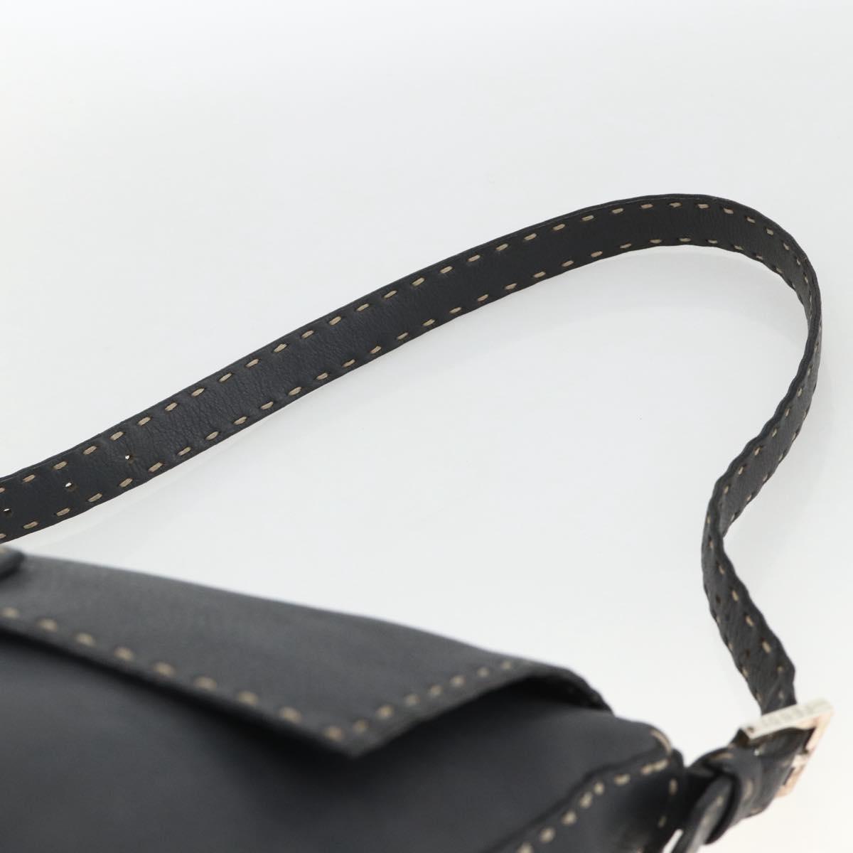 FENDI Selleria Mamma Baguette Bag Leather Silver Charcoal Gray Auth BAZ530A