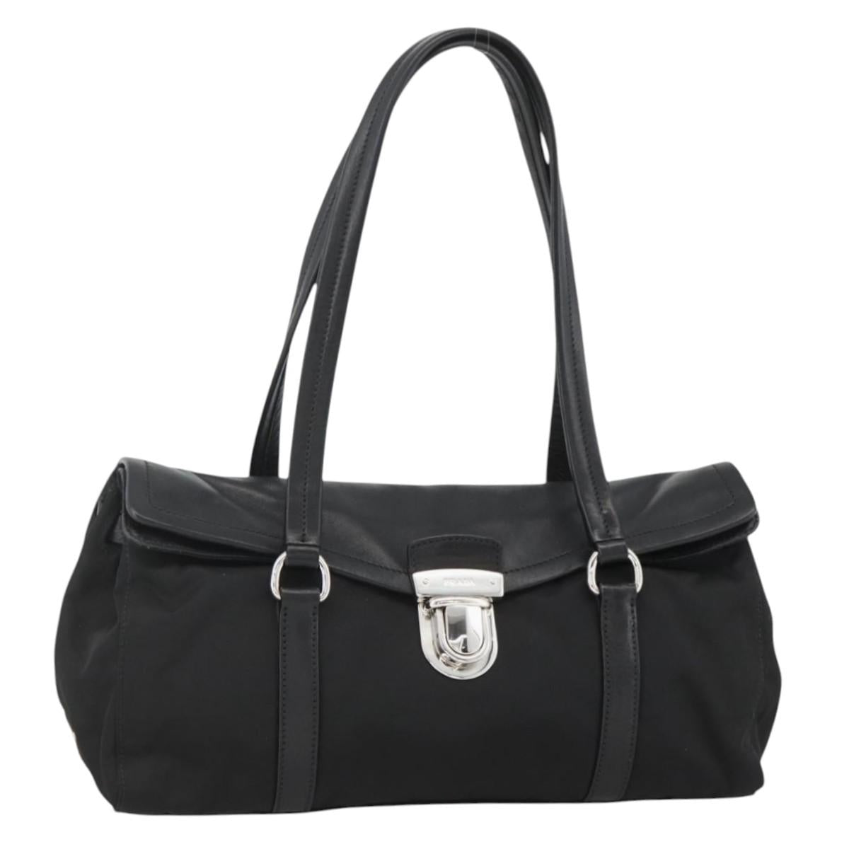 PRADA Hand Bag Nylon Leather Black Silver Auth BAZ535V