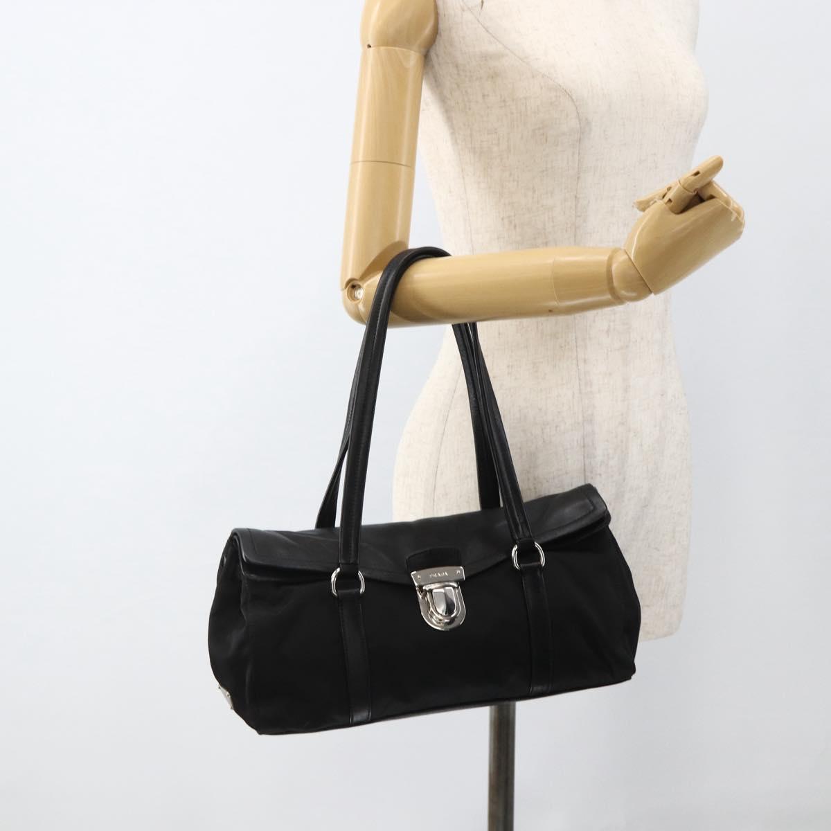 PRADA Hand Bag Nylon Leather Black Silver Auth BAZ535V