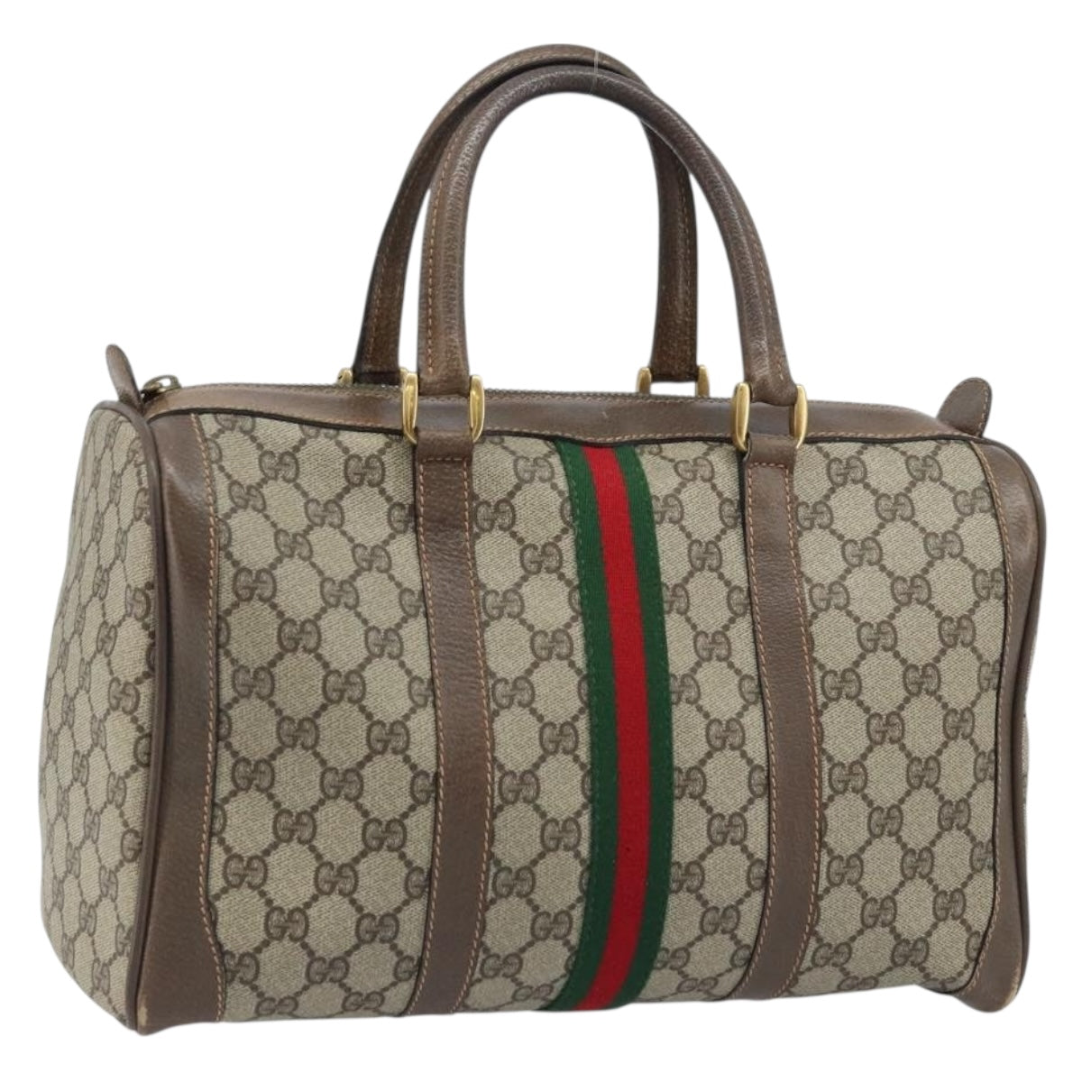 GUCCI GG Supreme Web Sherry Line Boston Bag PVC Beige 02 98 8 0468 Auth BAZ555
