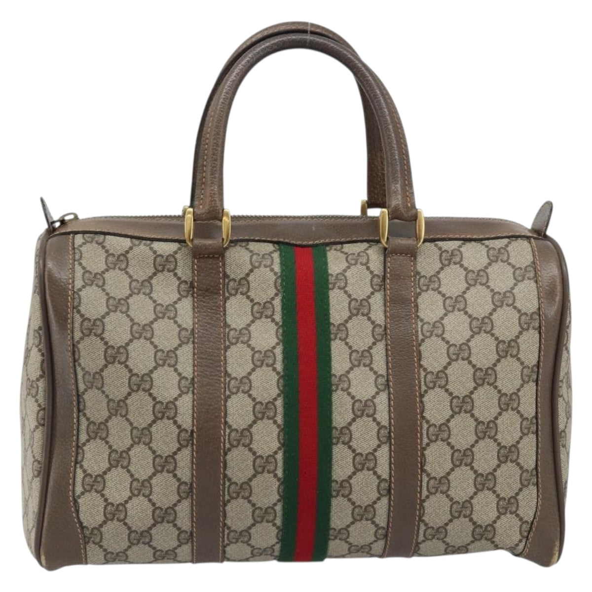 GUCCI GG Supreme Web Sherry Line Boston Bag PVC Beige 02 98 8 0468 Auth BAZ555