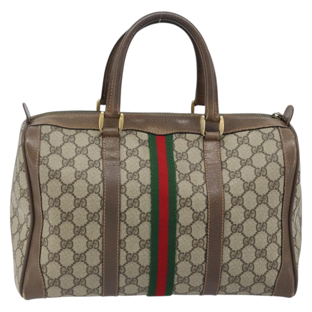 GUCCI GG Supreme Web Sherry Line Boston Bag PVC Beige 02 98 8 0468 Auth BAZ555