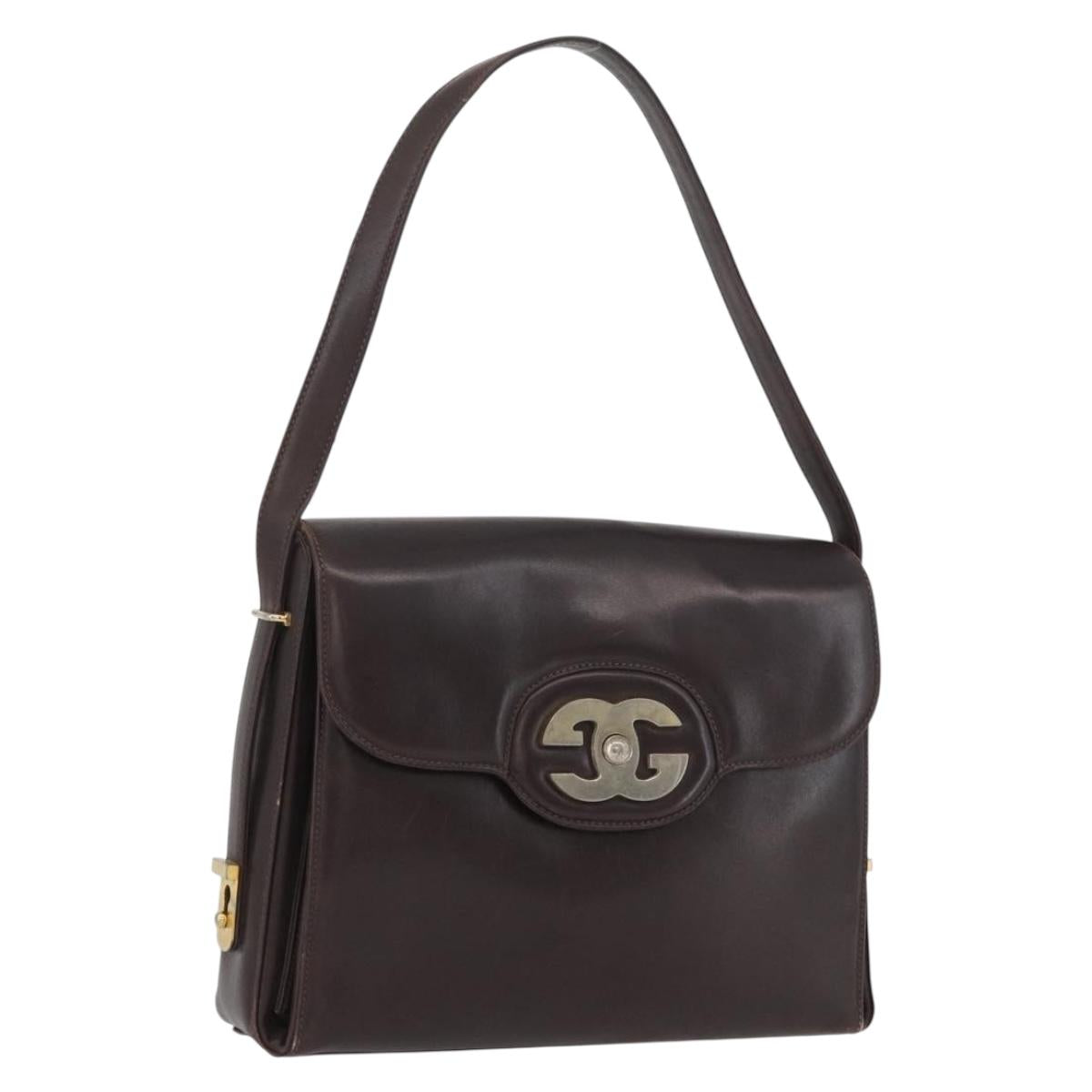 GUCCI Shoulder Bag Leather Brown Gold Auth BAZ569