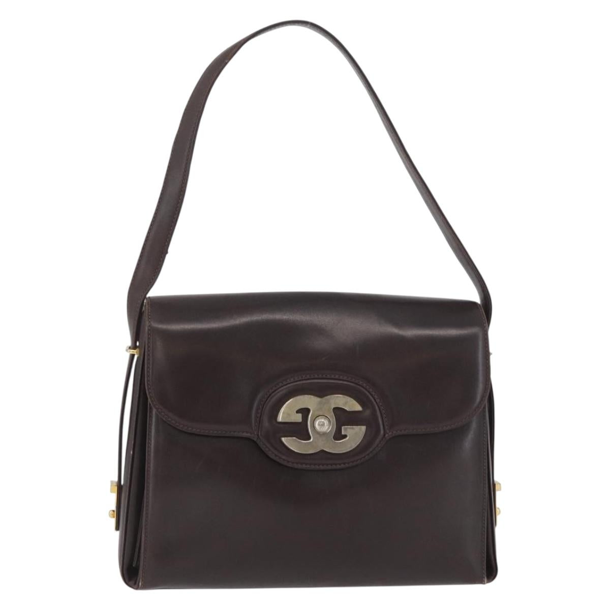 GUCCI Shoulder Bag Leather Brown Gold Auth BAZ569
