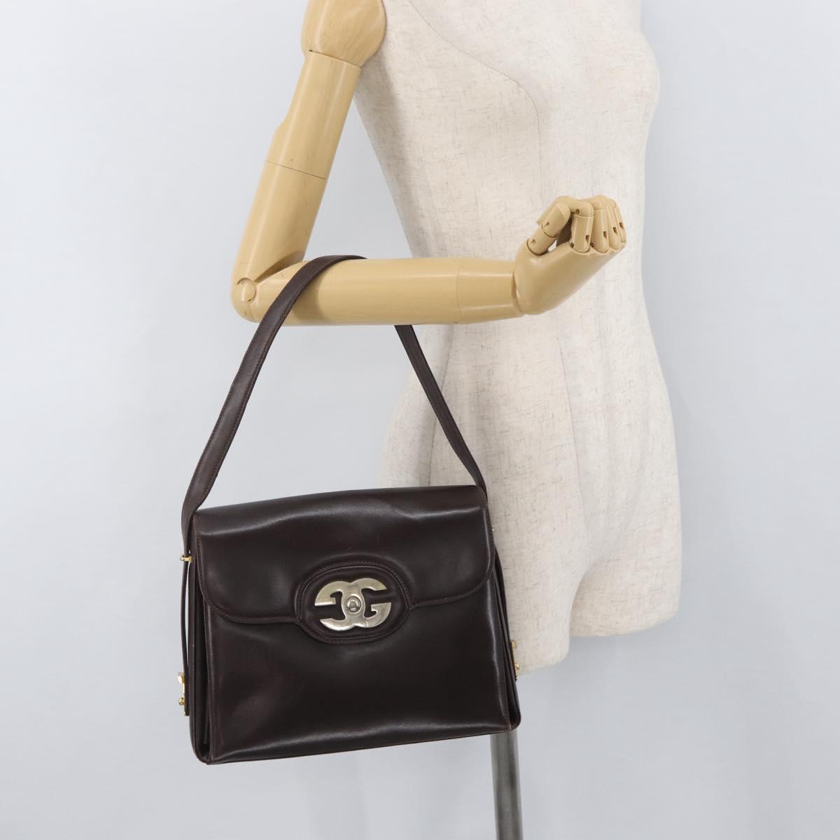 GUCCI Shoulder Bag Leather Brown Gold Auth BAZ569
