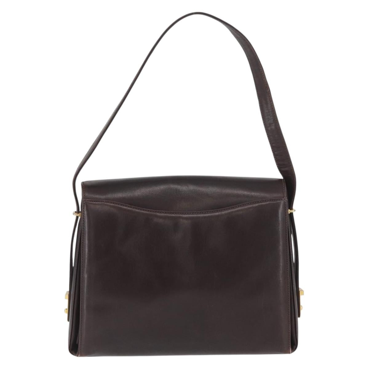 GUCCI Shoulder Bag Leather Brown Gold Auth BAZ569