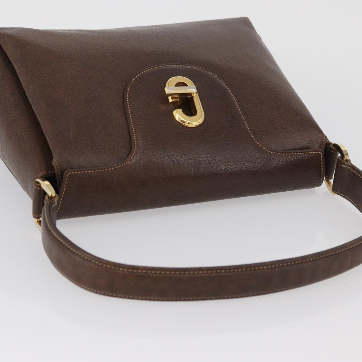 GUCCI Shoulder Bag Leather Brown Gold Auth BAZ570