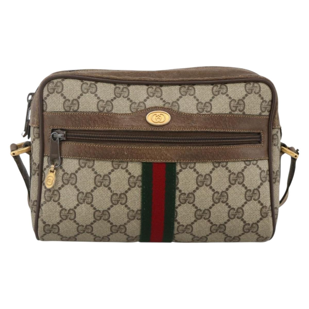 GUCCI GG Supreme Web Sherry Line Bag PVC Beige Gold 75 02 004 Auth BAZ578