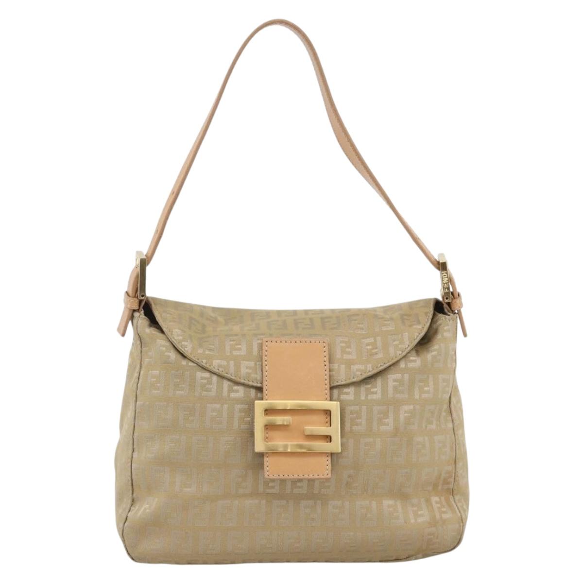 FENDI Zucchino Canvas Mamma Baguette Shoulder Bag Beige Gold Auth BAZ581V