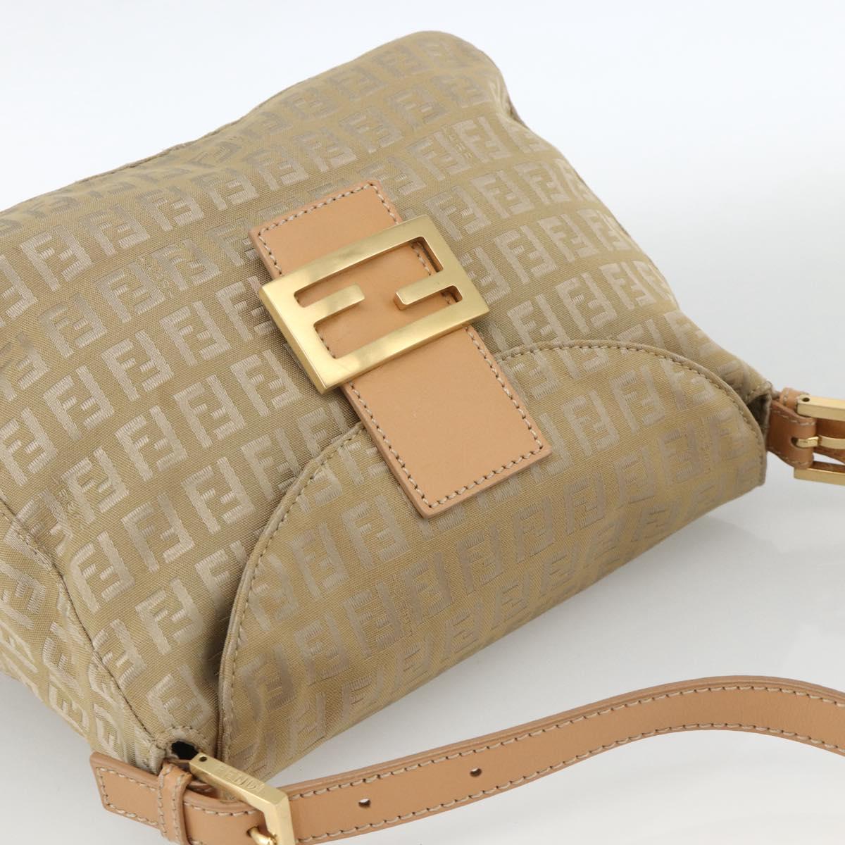 FENDI Zucchino Canvas Mamma Baguette Shoulder Bag Beige Gold Auth BAZ581V