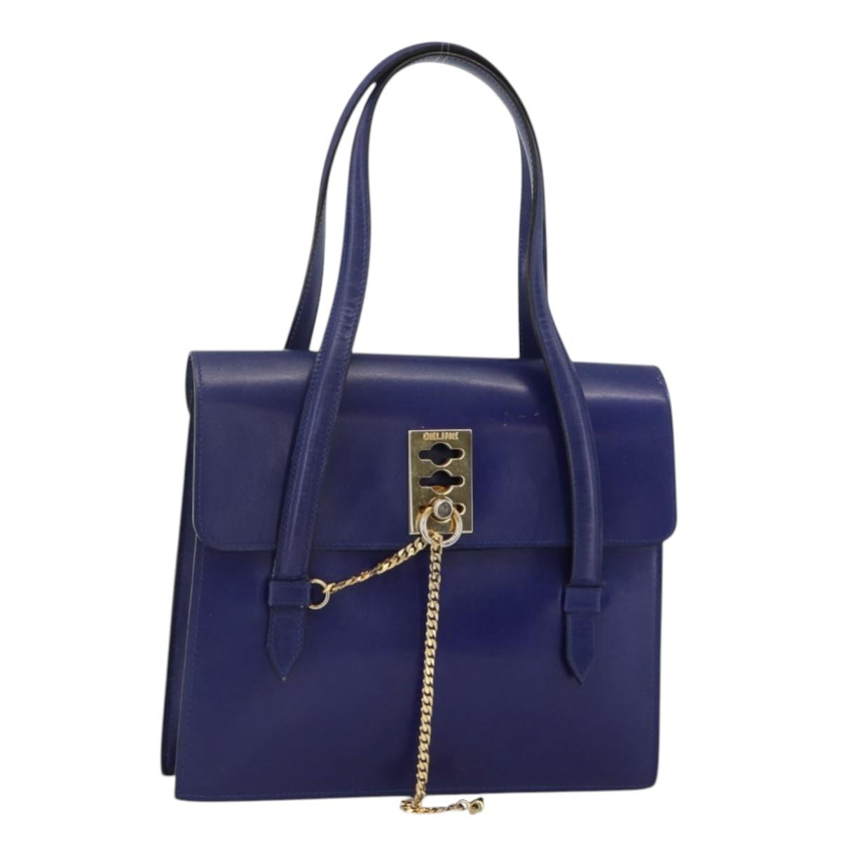 CELINE Hand Bag Leather Light Blue Gold Auth BAZ584A
