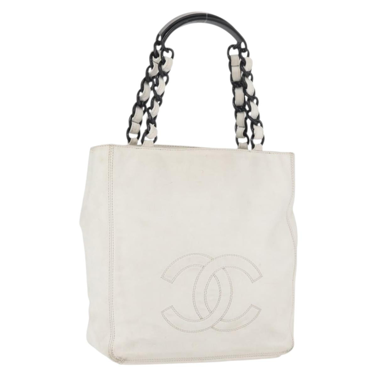 CHANEL Chain Hand Bag Leather White CC Auth BAZ593A