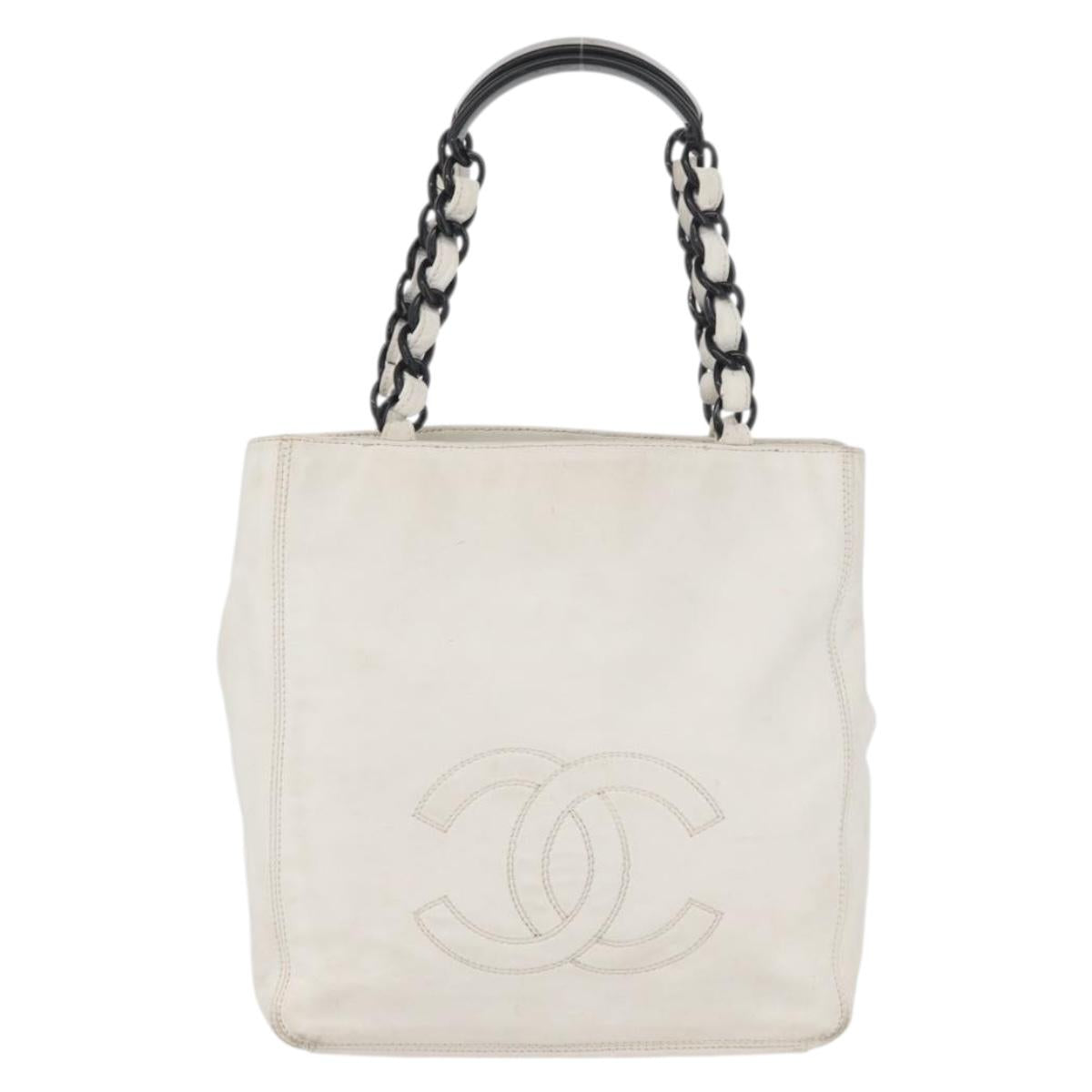 CHANEL Chain Hand Bag Leather White CC Auth BAZ593A