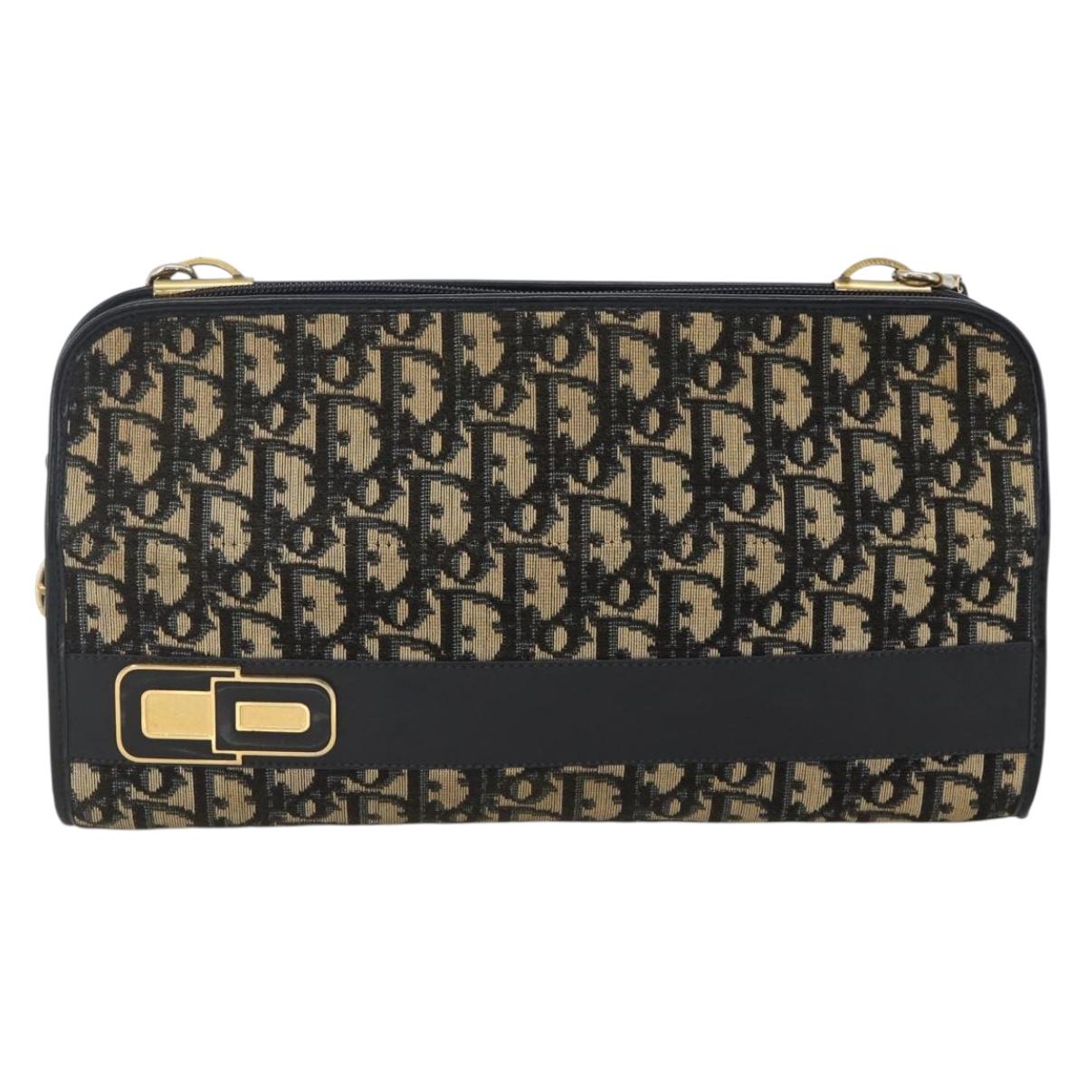 Christian Dior Trotter Canvas Shoulder Bag Navy Gold Auth BAZ595A