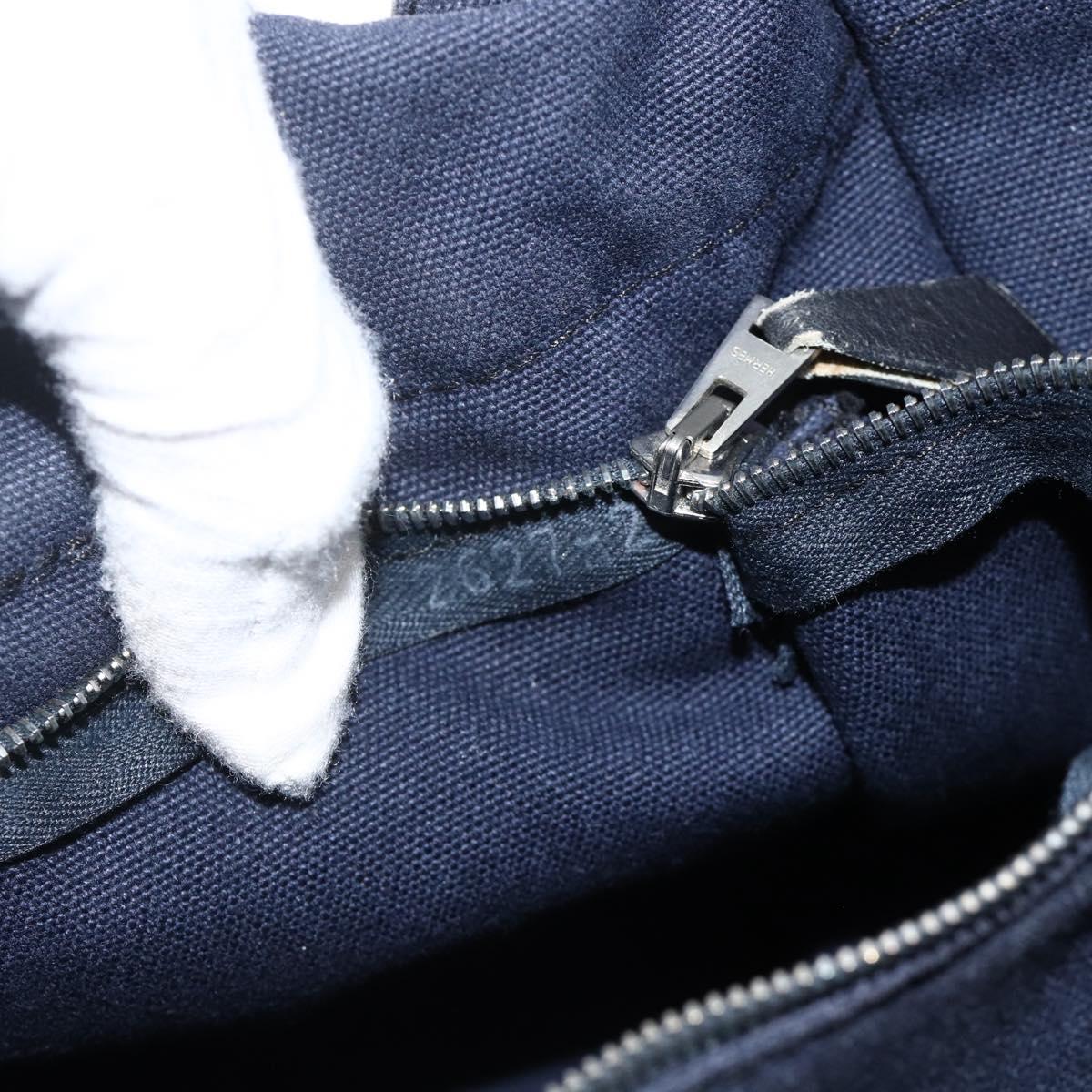 HERMES Fourre Tout PM Tote Bag Canvas Navy Silver Auth BAZ597