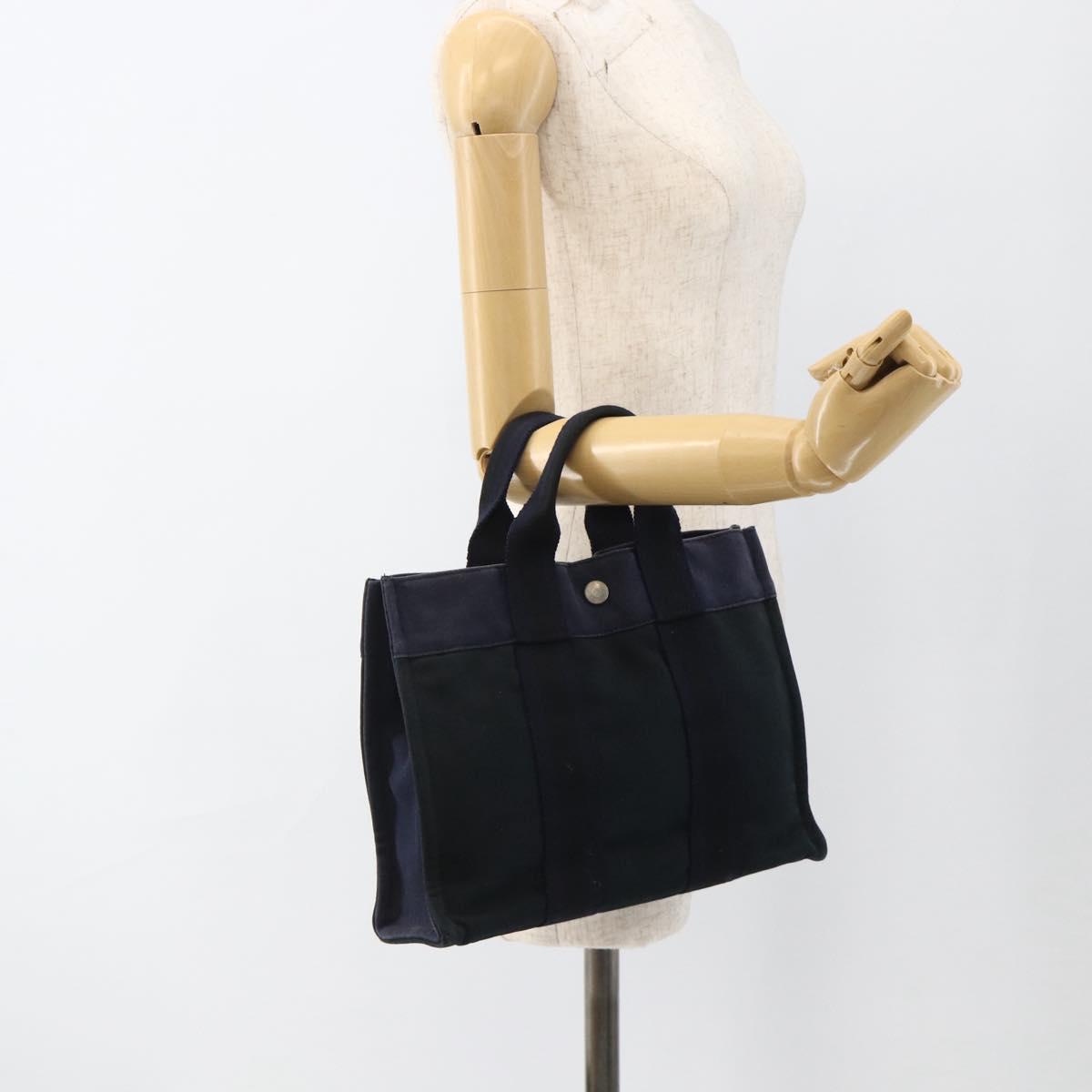 HERMES Fourre Tout PM Tote Bag Canvas Navy Silver Auth BAZ597