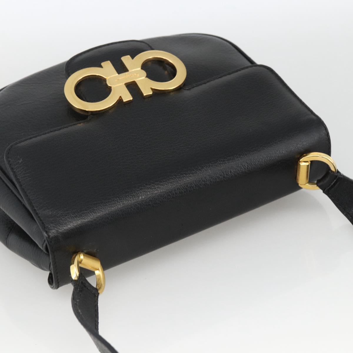Salvatore Ferragamo Gancini Shoulder Bag Leather Black Gold Auth BAZ601A