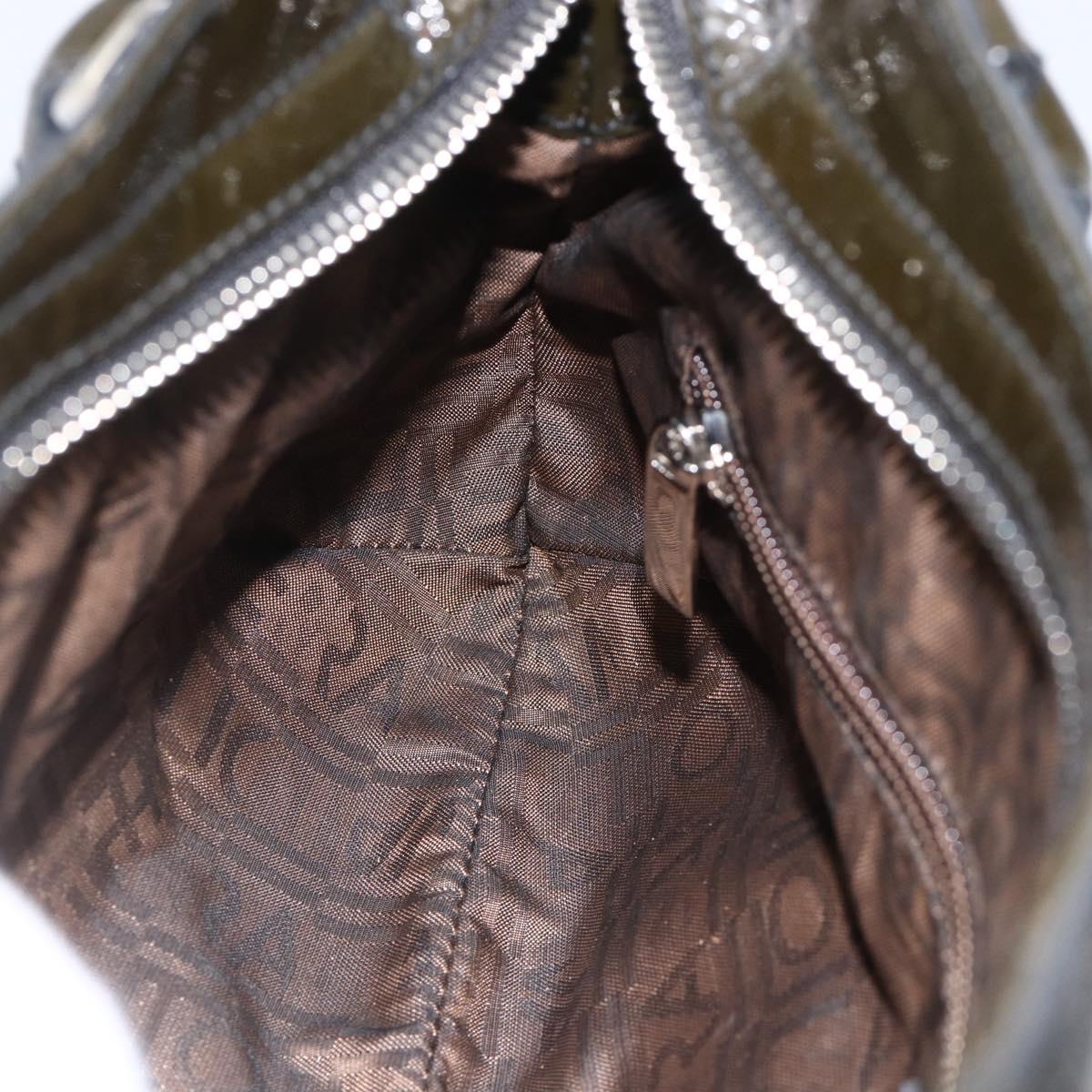 Salvatore Ferragamo Gancini Hand Bag Patent leather Khaki Silver Auth BAZ602