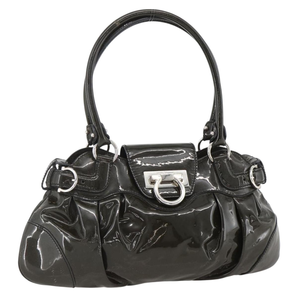 Salvatore Ferragamo Gancini Hand Bag Patent leather Khaki Silver Auth BAZ602