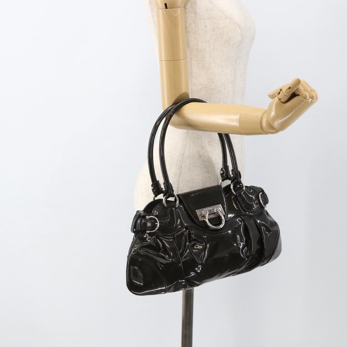 Salvatore Ferragamo Gancini Hand Bag Patent leather Khaki Silver Auth BAZ602