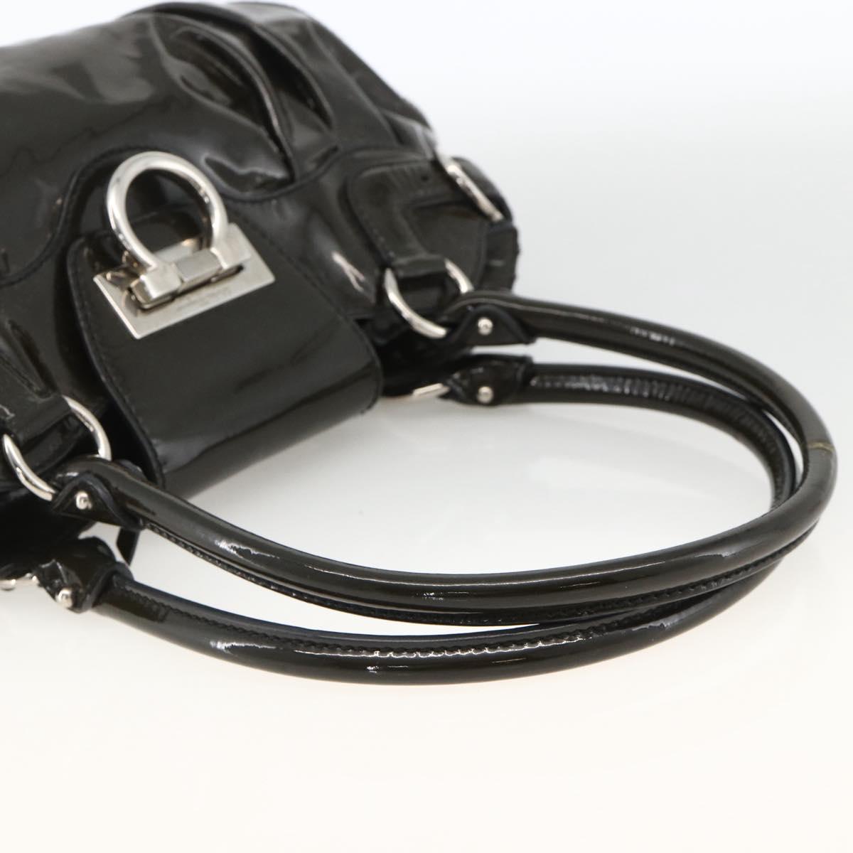 Salvatore Ferragamo Gancini Hand Bag Patent leather Khaki Silver Auth BAZ602