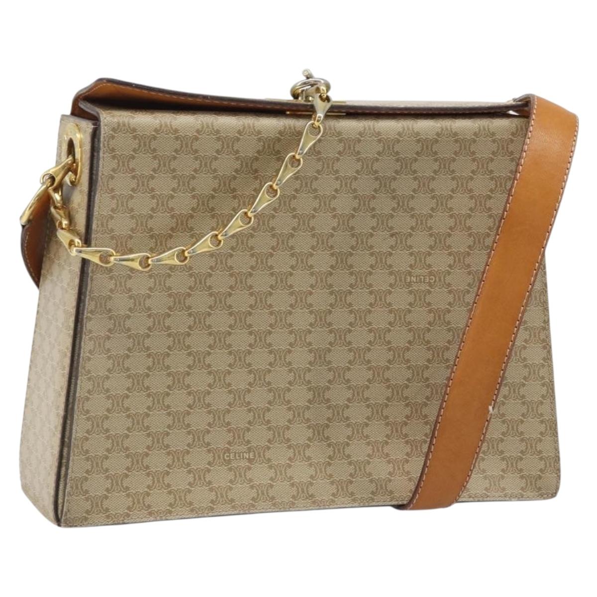 CELINE Macadam Canvas Shoulder Bag PVC Leather Beige Gold Auth BAZ620A