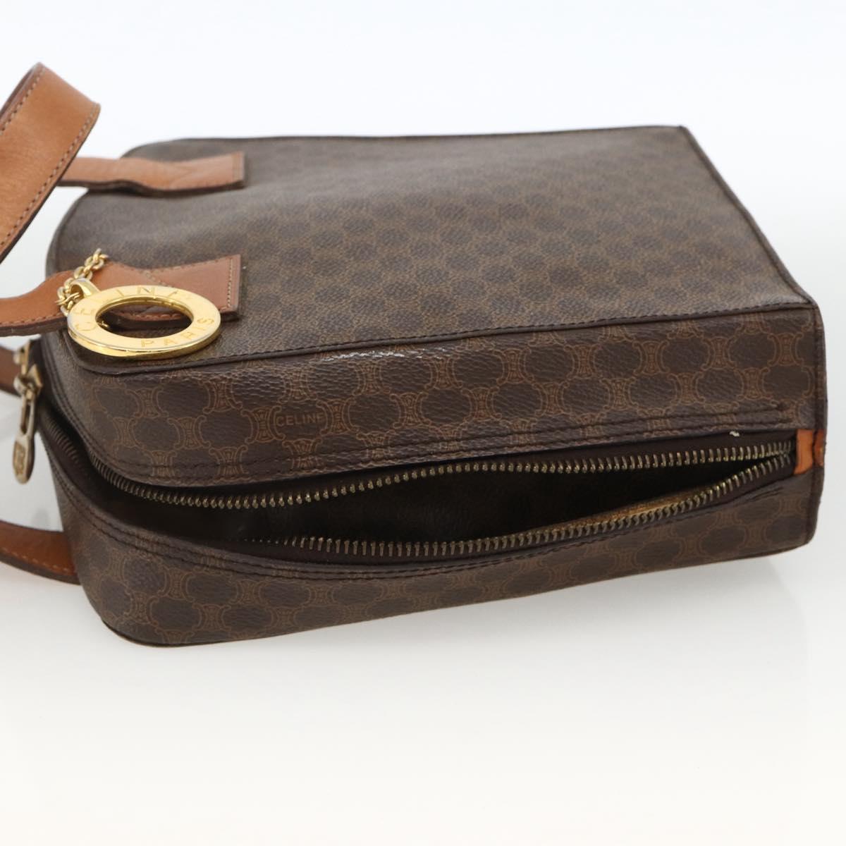 CELINE Macadam Canvas Circle Hand Bag PVC Leather Brown Gold Auth BAZ621