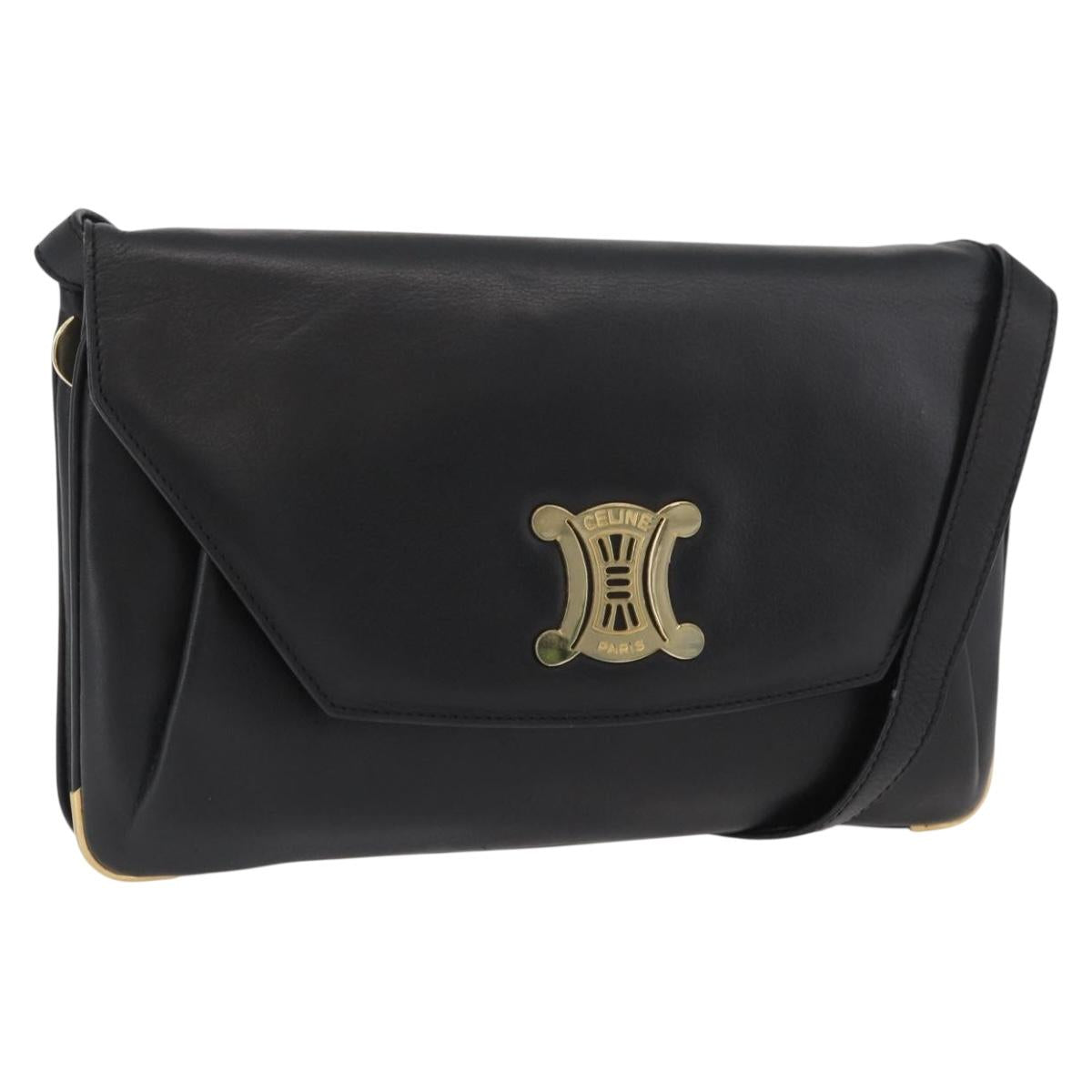 CELINE Shoulder Bag Leather Black Gold Auth BAZ622A