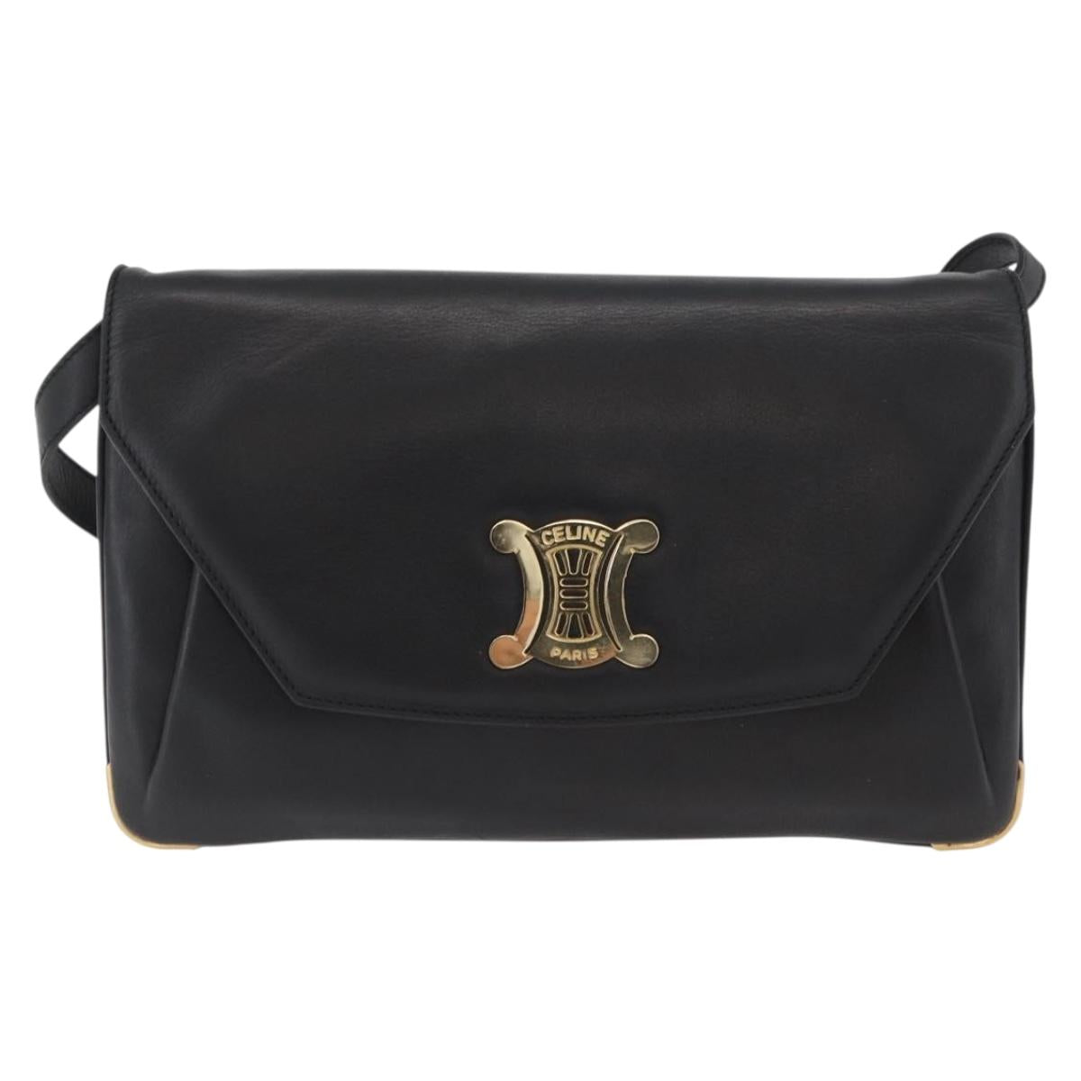 CELINE Shoulder Bag Leather Black Gold Auth BAZ622A