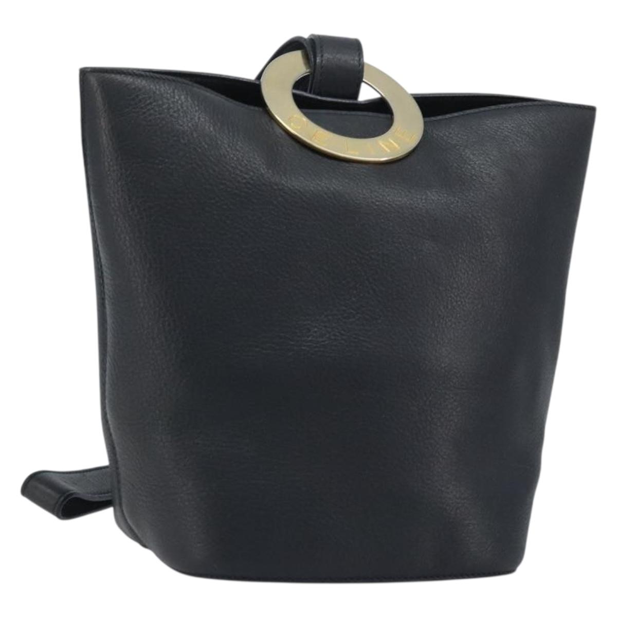 CELINE Circle Shoulder Bag Leather Black Gold Auth BAZ623A