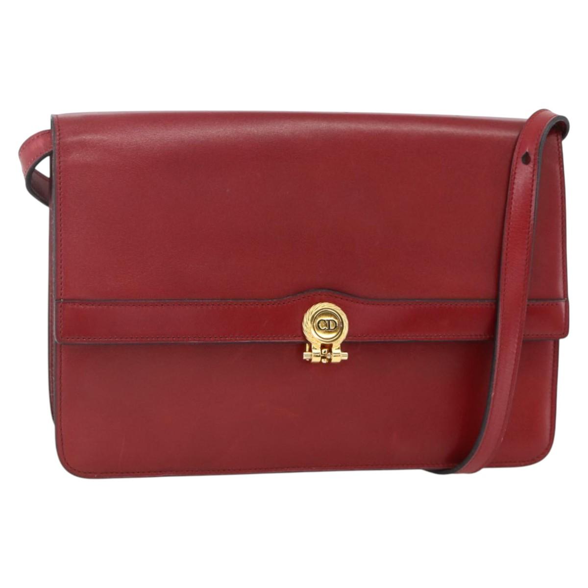 Christian Dior Shoulder Bag Leather Red Gold Auth BAZ634