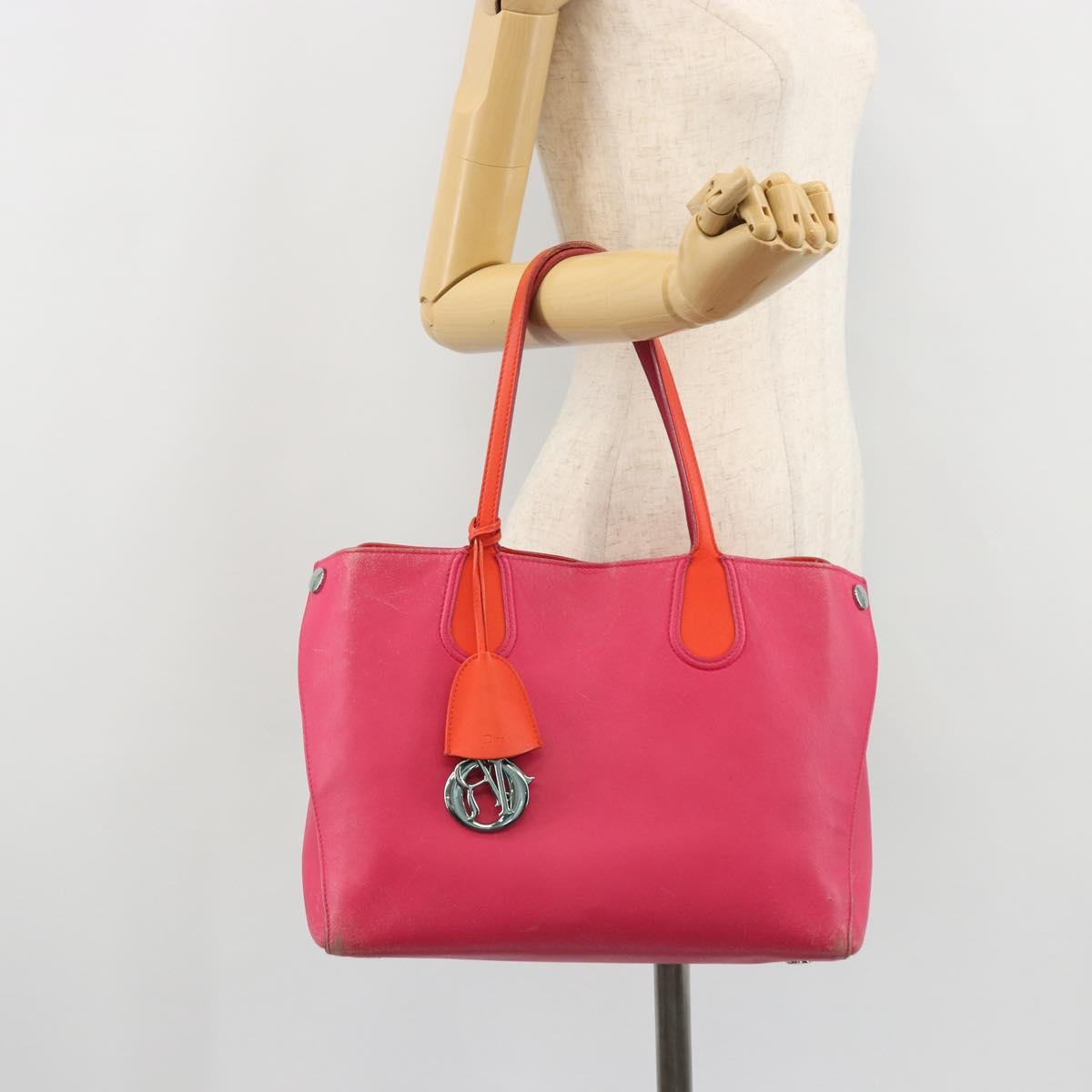 Christian Dior Tote Bag Leather Pink Silver Auth BAZ635A