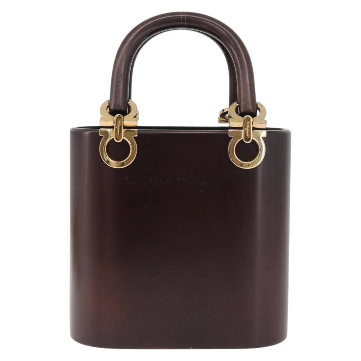 Salvatore Ferragamo Gancini Hand Bag Wood Brown Gold Auth BAZ667V