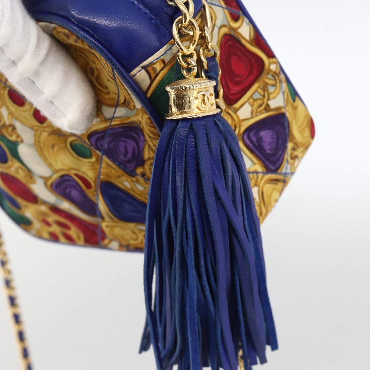 CHANEL Matelasse Chain Shoulder Bag Satin Blue Gold CC Auth BAZ668V