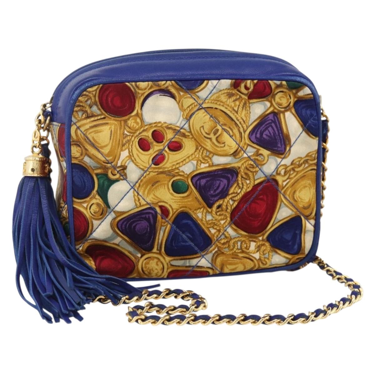 CHANEL Matelasse Chain Shoulder Bag Satin Blue Gold CC Auth BAZ668V