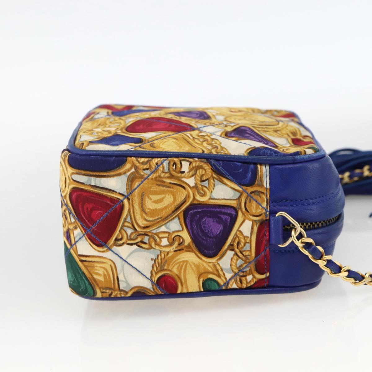 CHANEL Matelasse Chain Shoulder Bag Satin Blue Gold CC Auth BAZ668V