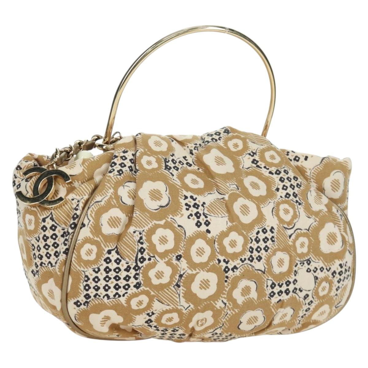 CHANEL Camelia Hand Bag Canvas Beige Gold CC Auth BAZ669V