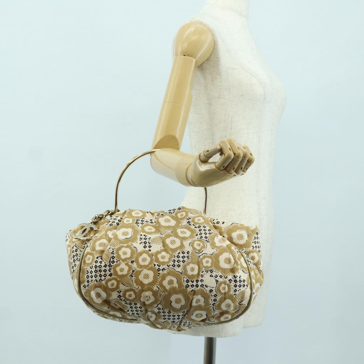 CHANEL Camelia Hand Bag Canvas Beige Gold CC Auth BAZ669V