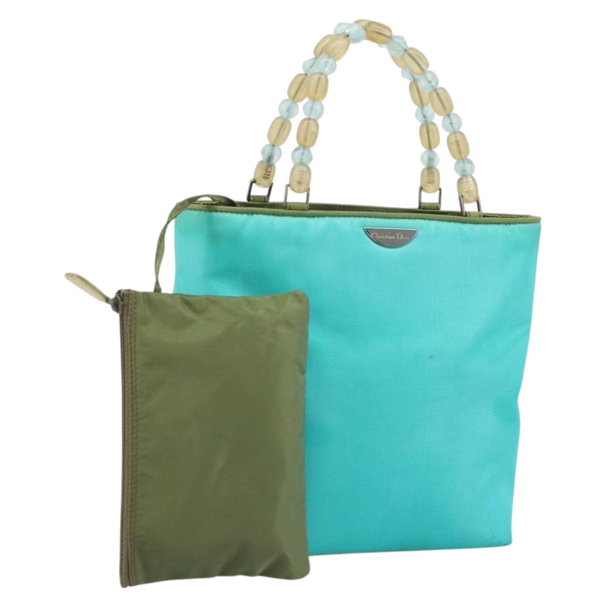 Christian Dior Maris Pearl Hand Bag Nylon Turquoise Blue Silver Auth BAZ685A